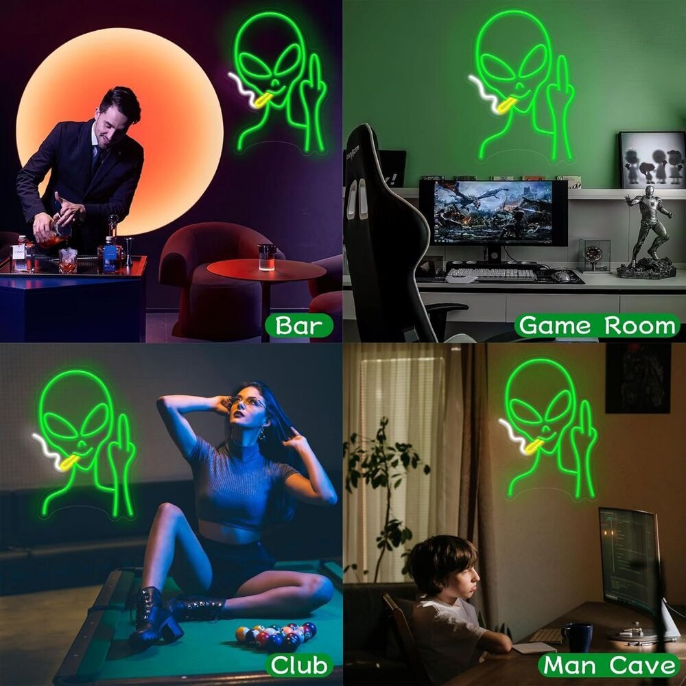 Green Alien Neon LED Sign Dimmable Wall Decor for Bedroom Man Cave Kids Birthday - Picture 6 of 7